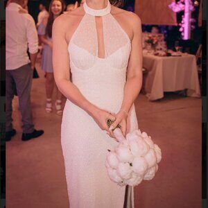 Sicily  Embellished High Neck Keyhole Cut Out Evening Gown in White